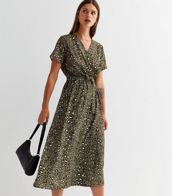 Gini London Olive Leopard Print Midi Wrap Dress New Look