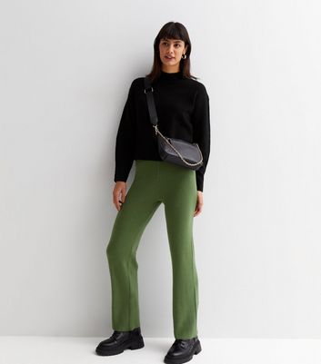 Gini London Olive Ribbed Knit High Waist Trousers