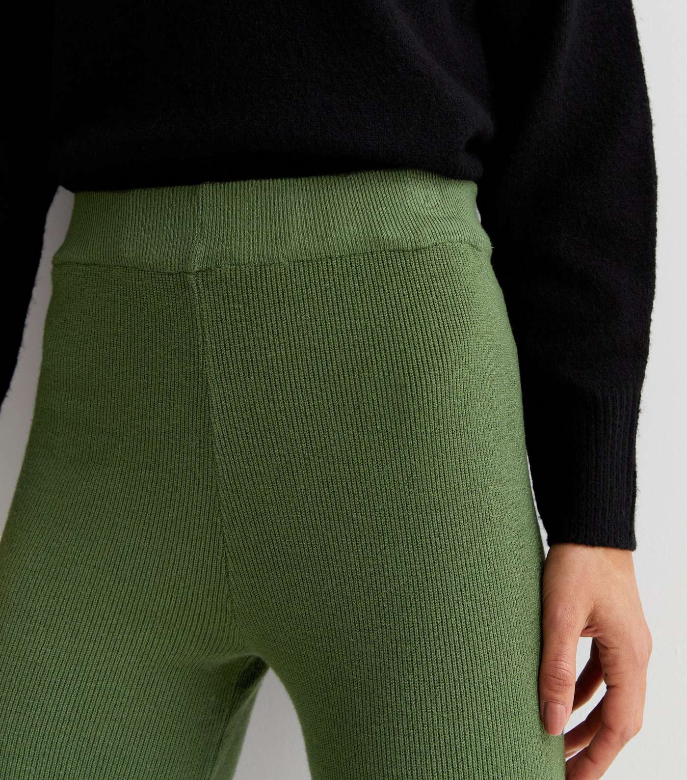 Gini London Olive Ribbed Knit High Waist Trousers Image 3
