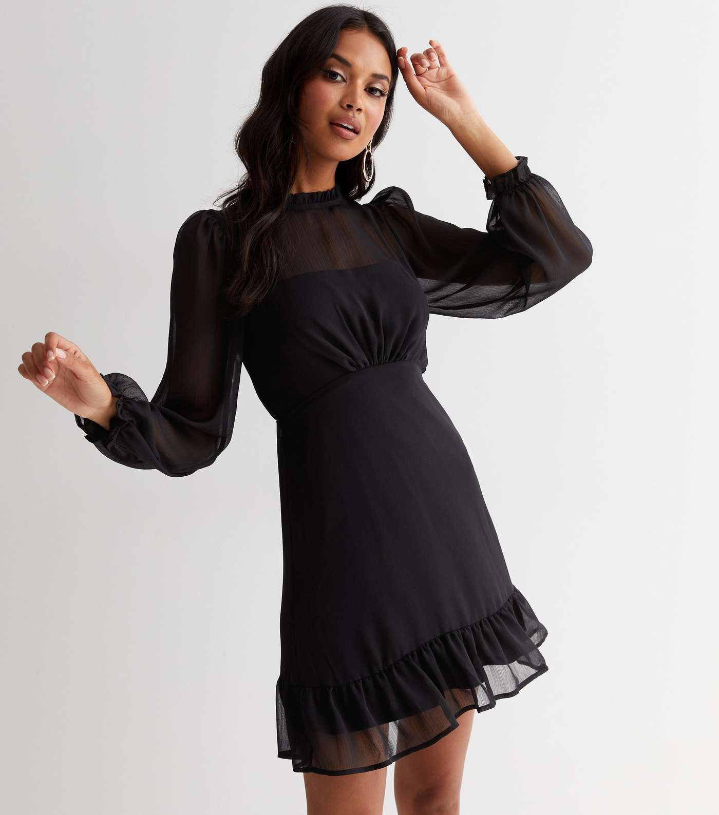 Black Chiffon High Neck Long Puff Sleeve Mini Dress
