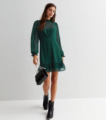 Dark Green Chiffon High Neck Long Puff Sleeve Mini Dress | New Look