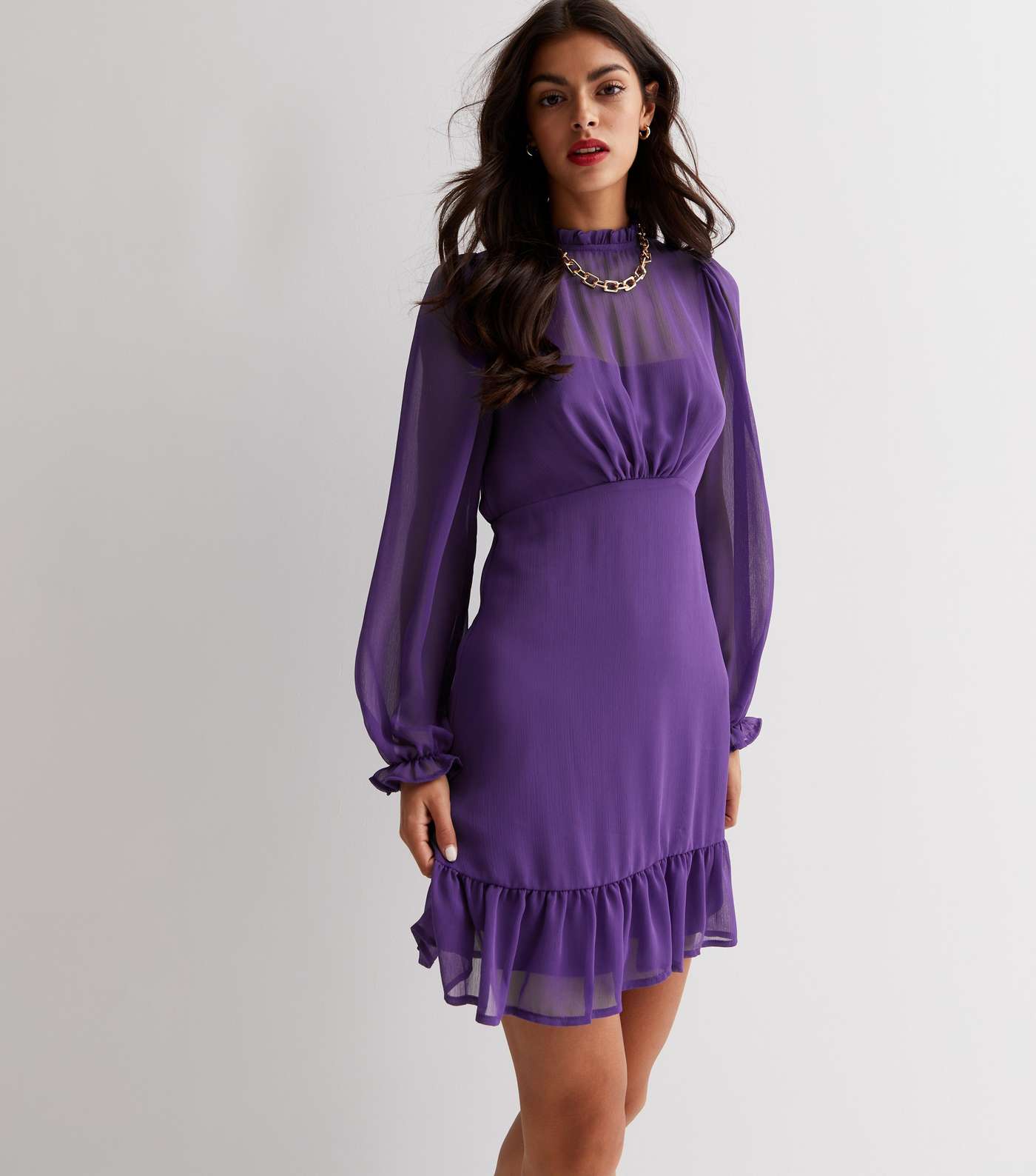 Dark Purple High Neck Long Sleeve Chiffon Mini Dress