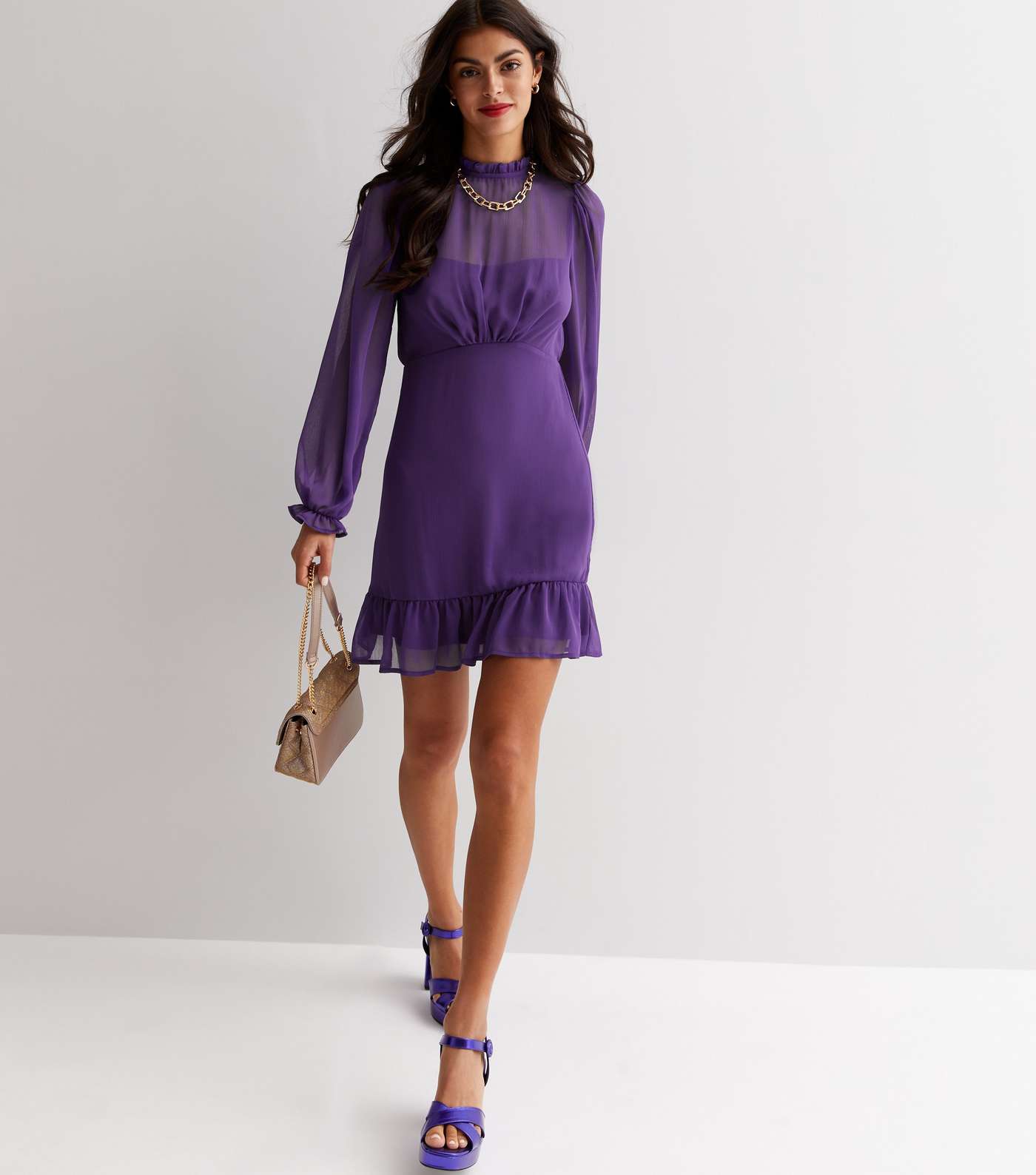 Dark Purple High Neck Long Sleeve Chiffon Mini Dress Image 3