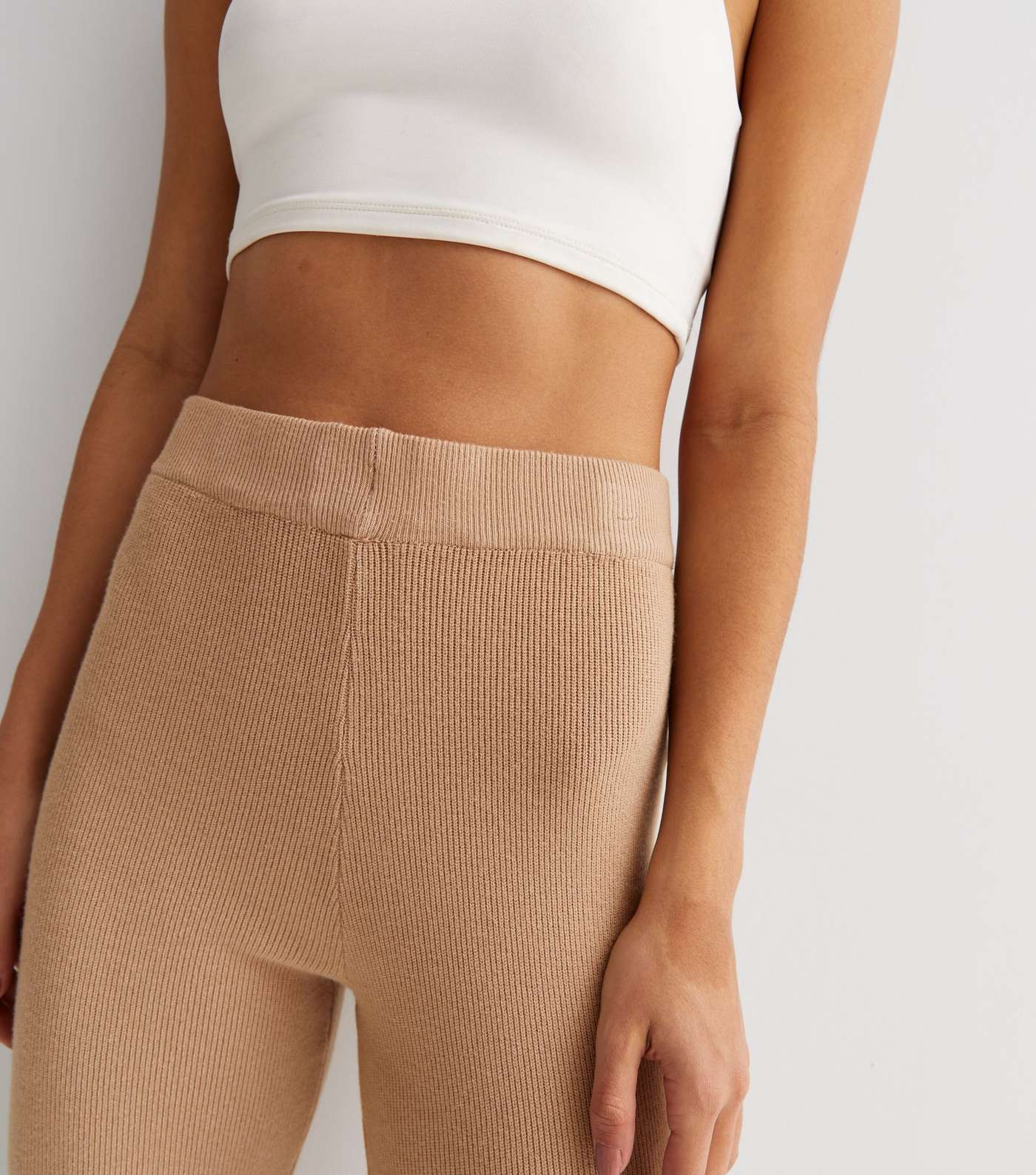 Gini London Light Brown Ribbed Knit High Waist Trousers Image 3