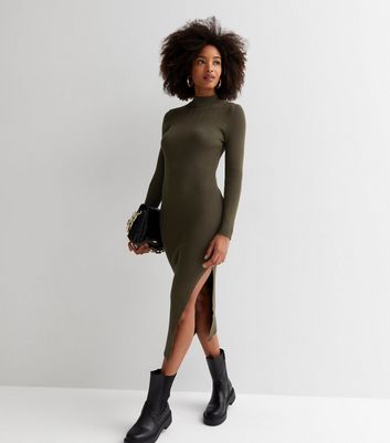 Gini London Olive Ribbed Knit High Neck Long Sleeve Midi Bodycon Dress New Look