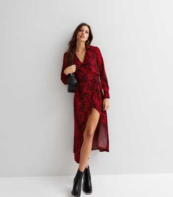 Red Leopard Print Long Sleeve Midi Wrap Dress