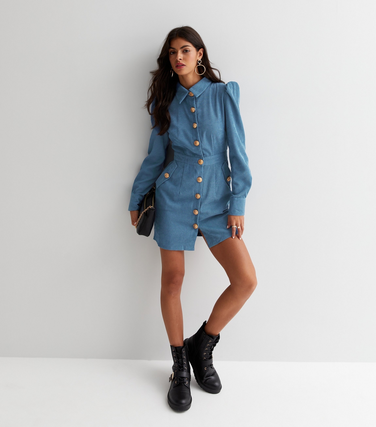 Women's Blue Cord Long Sleeve Button Front Mini Shirt Dress Gini London New Look