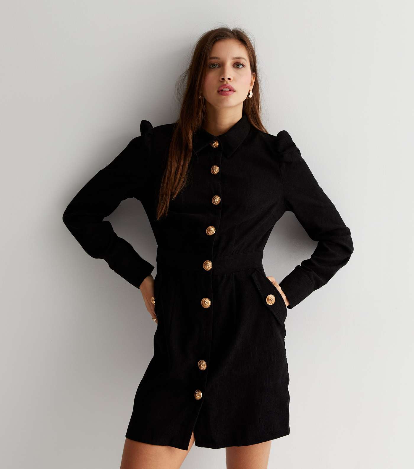 Gini London Black Cord Long Sleeve Button Front Mini Shirt Dress Image 2