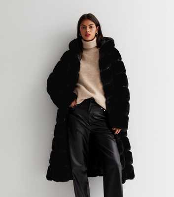 Gini London Black Faux Fur Hooded Long Coat