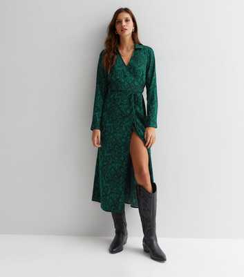Green Snake Print Wrap Collar Long Sleeve Midi Dress