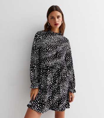 Black Abstract Print High Neck Long Sleeve Ruffle Cuff Mini Dress