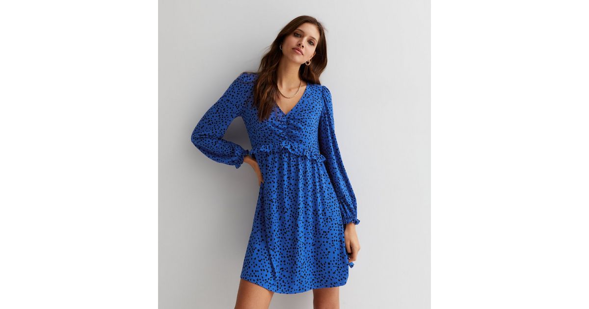 Blue Spotty V Neck Ruched Mini Dress | New Look