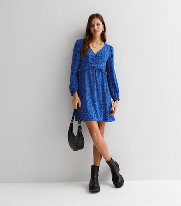 Blue Spotty V Neck Ruched Mini Dress New Look