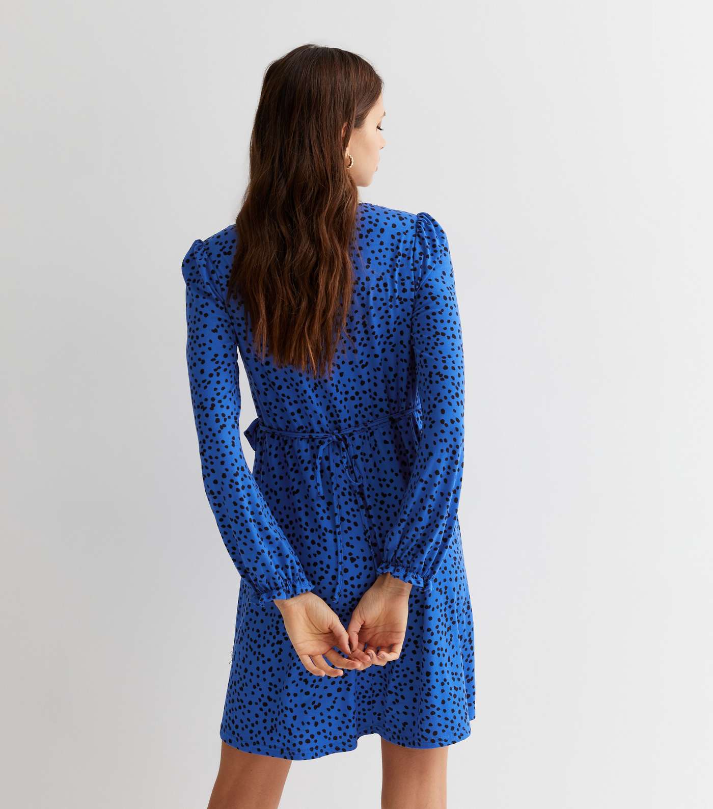 Blue Spotty V Neck Ruched Mini Dress Image 4