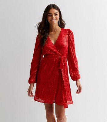 Red sequin tie waist shift mini dress | River Island