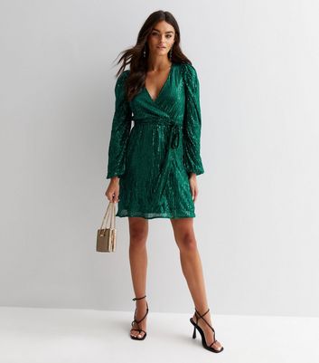 Gini London Dark Green Sequin V Neck Long Sleeve Belted Mini Wrap Dress New Look