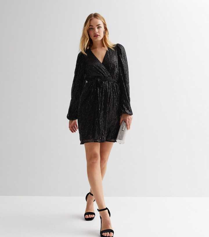 Gini London Black Sequin V Neck Long Sleeve Belted Mini Wrap Dress