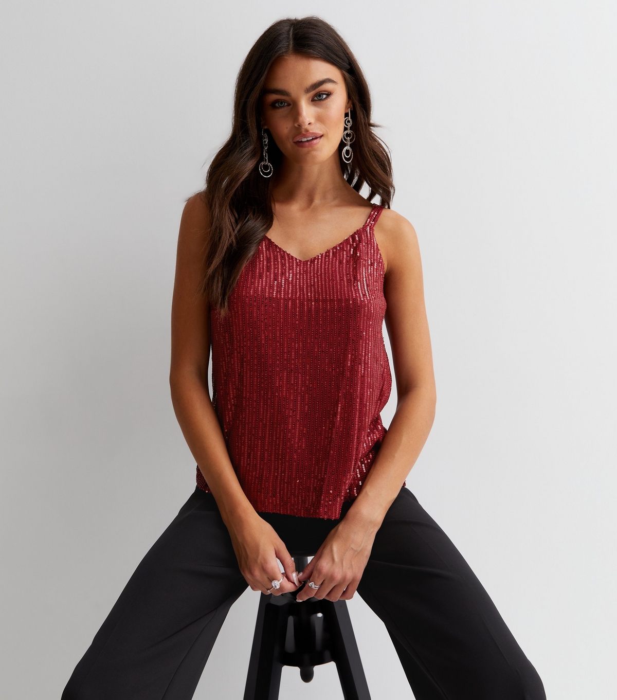 Women's Burgundy Sequin V Neck Strappy Cami Gini London New Look