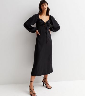 Black Spot Jacquard Satin Long Puff Sleeve Tie Front Midi Dress