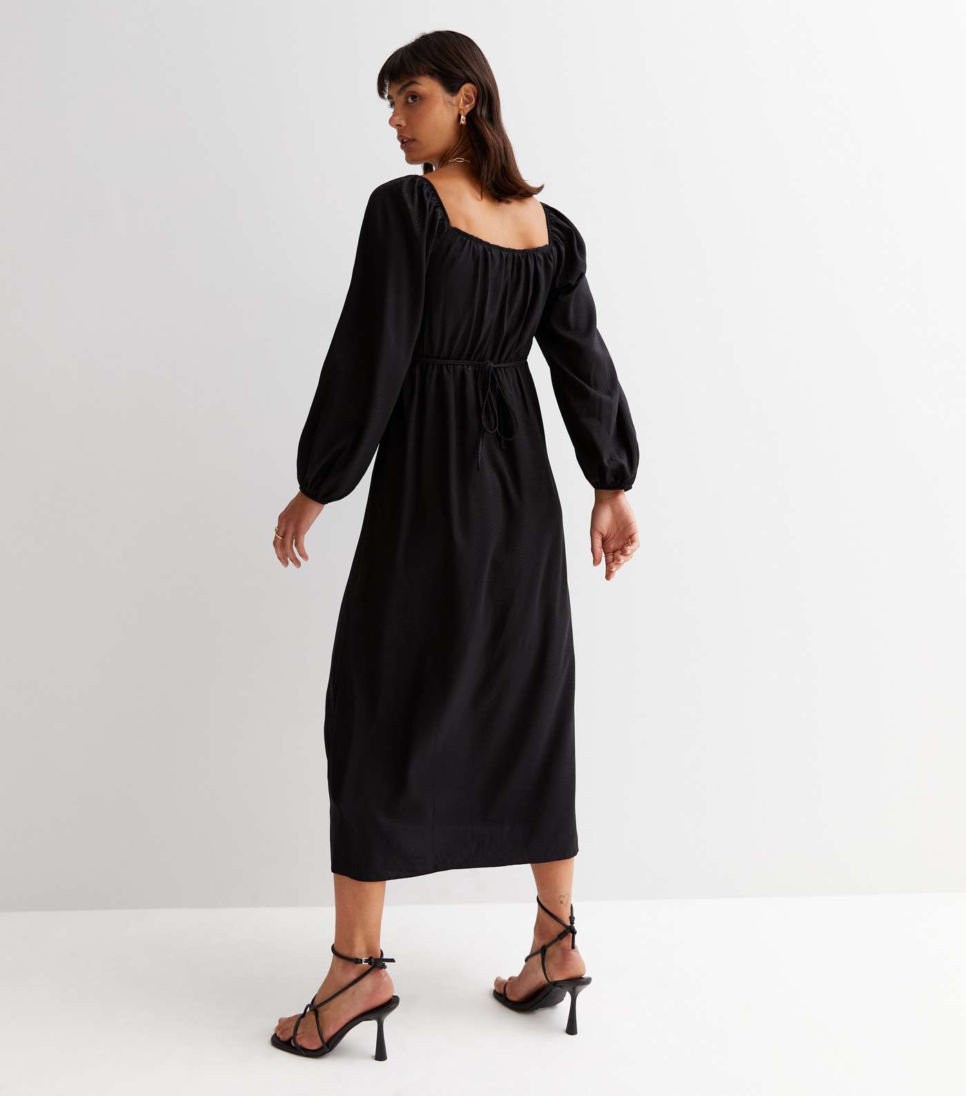 Black Spot Jacquard Satin Long Puff Sleeve Tie Front Midi Dress Image 4
