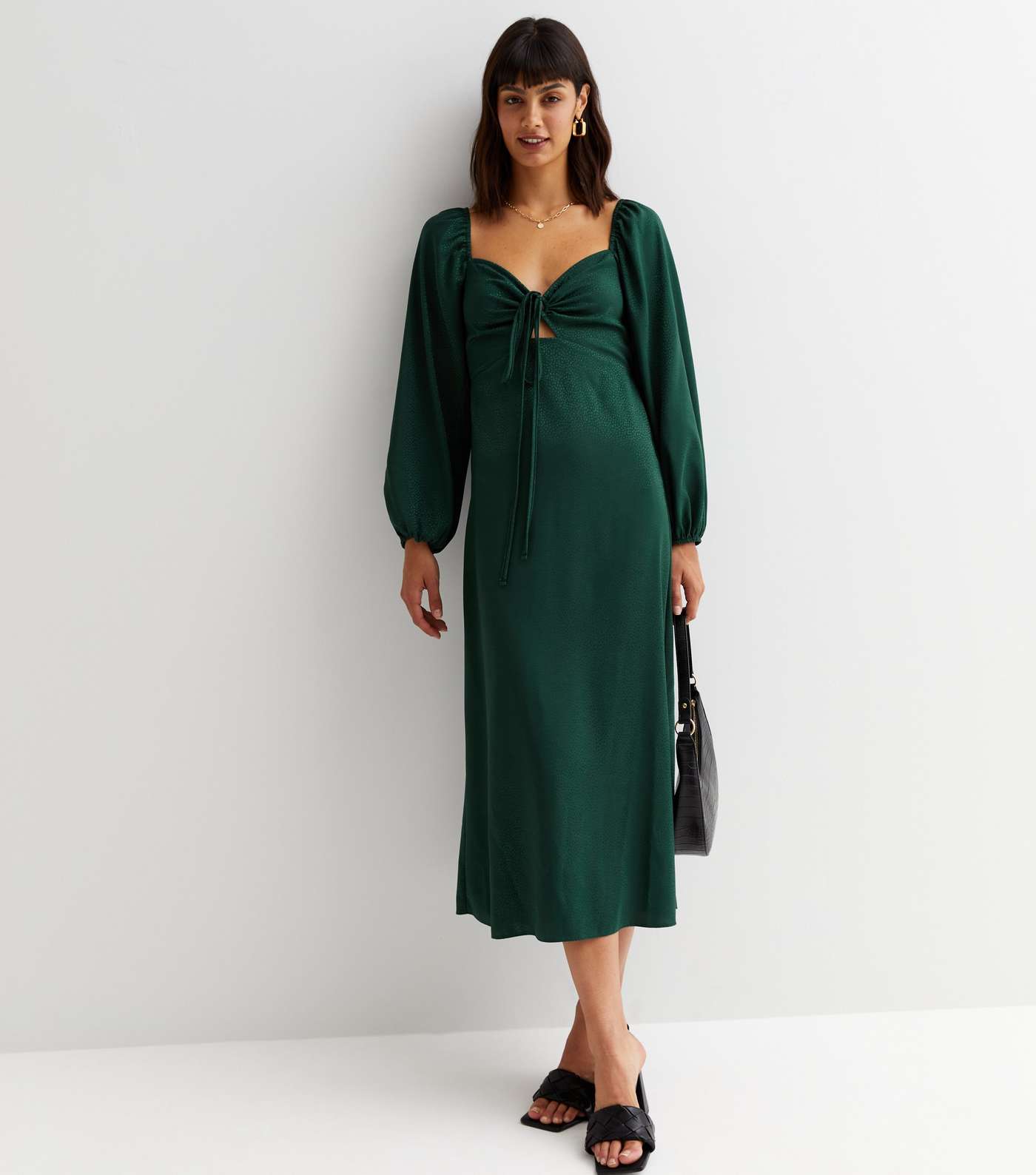 Dark Green Spot Jacquard Satin Long Puff Sleeve Tie Front Midi Dress