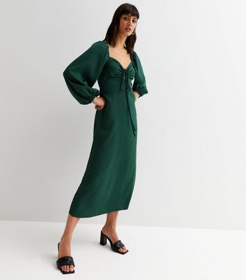 Dark Green Spot Jacquard Satin Long Puff Sleeve Tie Front Midi Dress New Look