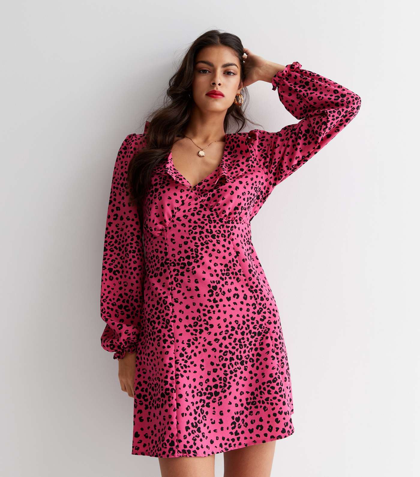 Pink Animal Print Ruffle V Neck Long Sleeve Mini Dress Image 3