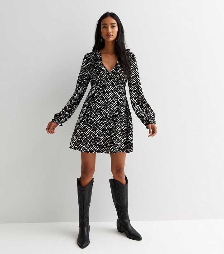 Black Spotty Ruffle V Neck Long Sleeve Mini Dress