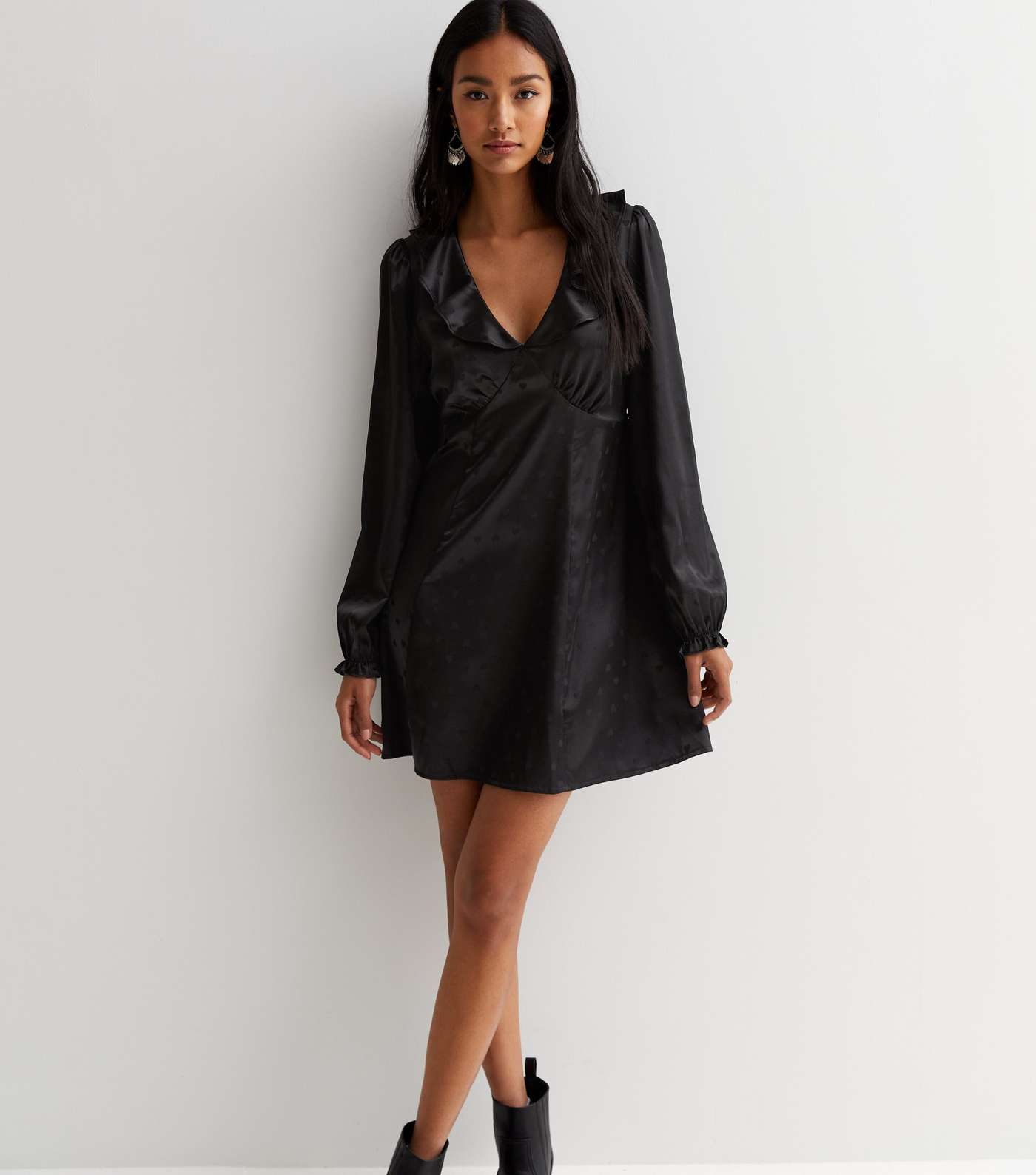 Black Satin Jacquard Ruffle V Neck Mini Dress
