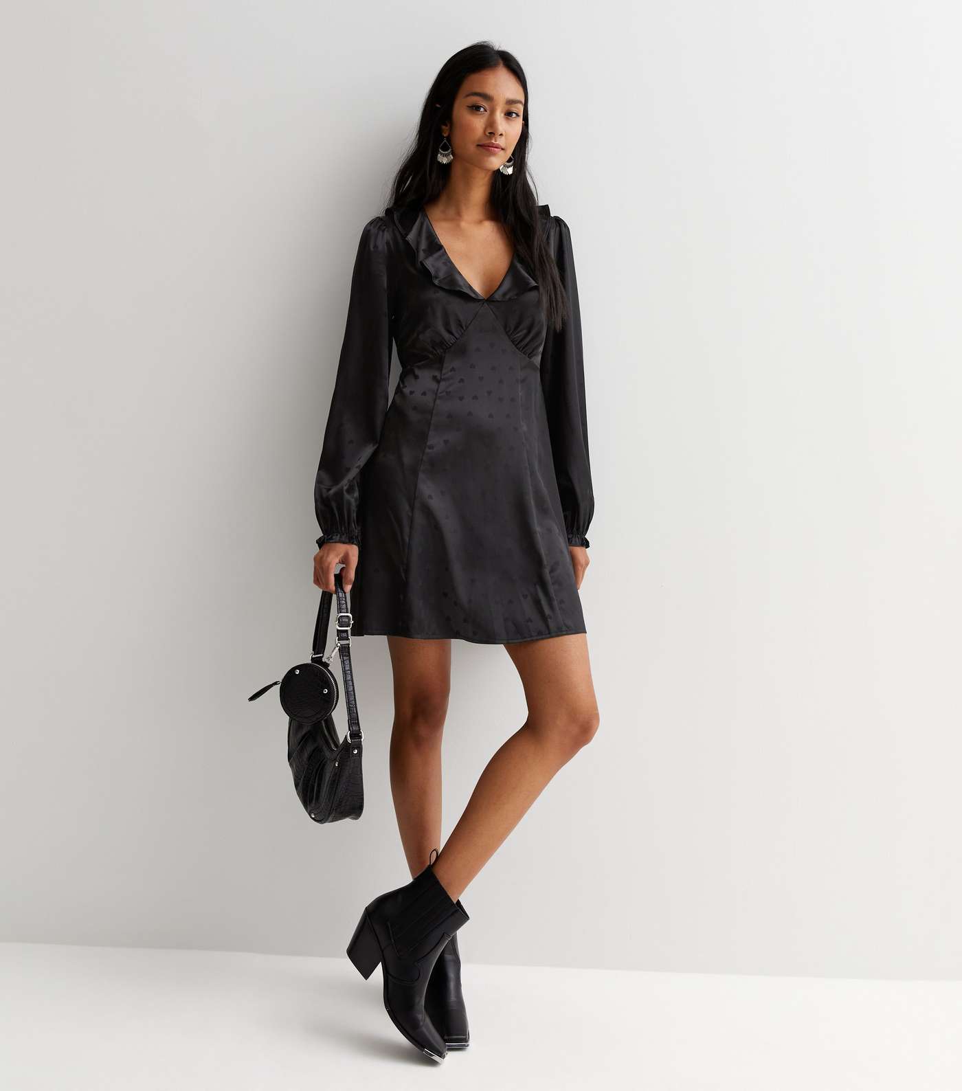 Black Satin Jacquard Ruffle V Neck Mini Dress Image 3