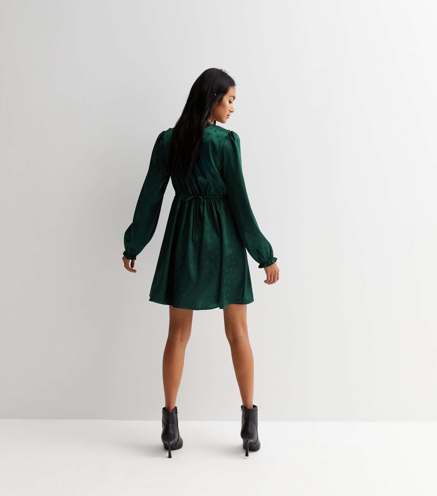 Dark Green Satin Jacquard Ruffle Long Sleeve Mini Dress Image 4