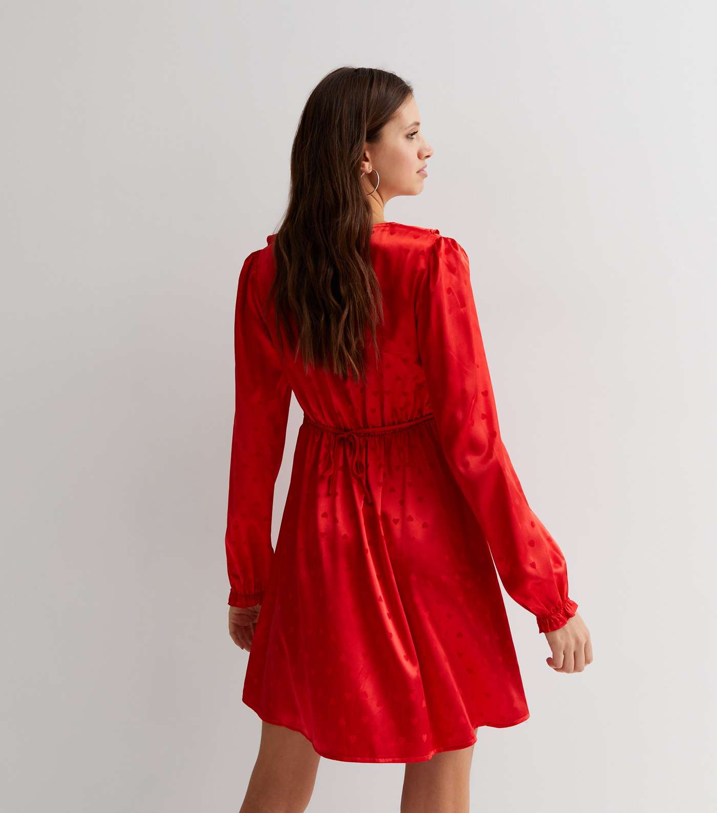 Red Jacquard Satin Ruffle V Neck Mini Dress Image 4