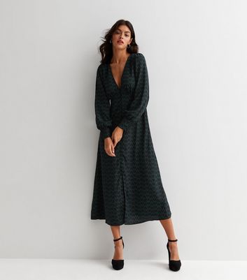 Dark Green Heart Print V Neck Button Front Midi Tea Dress | New Look