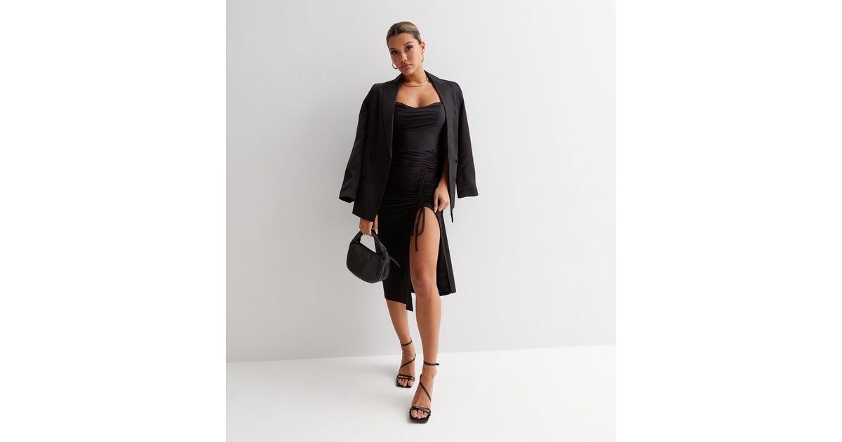 Black Strappy Cowl Neck Ruched Bodycon Midi Dress | New Look