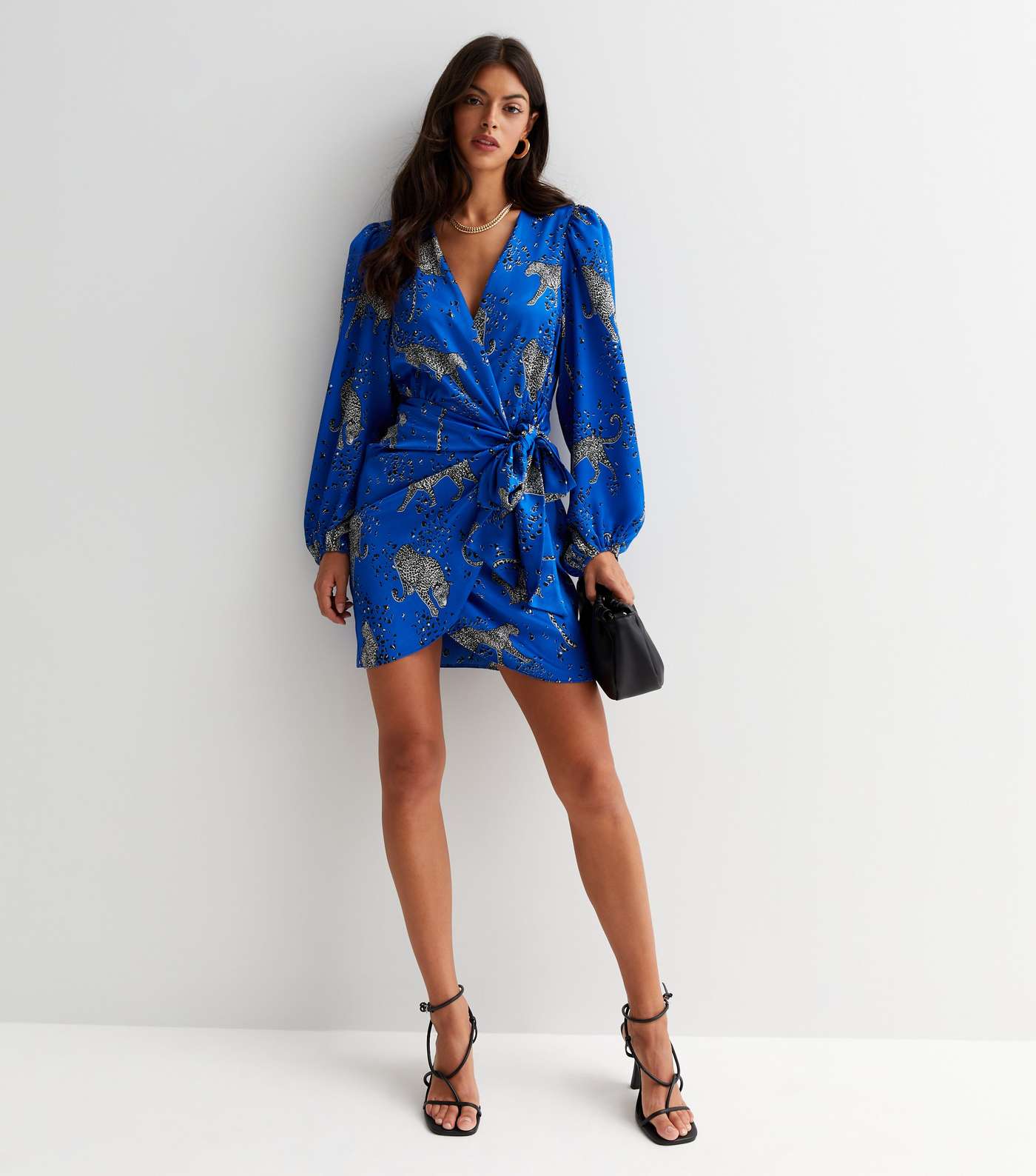 Blue Satin Leopard Print Long Sleeve Mini Wrap Dress Image 2