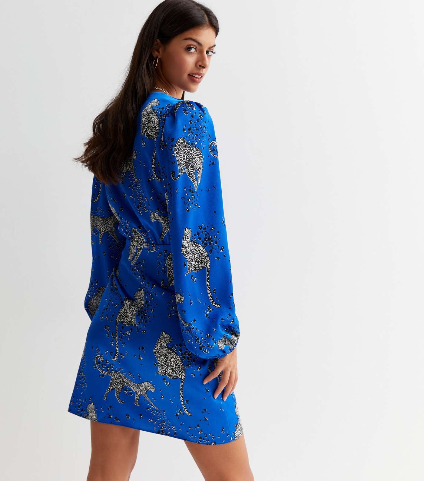 Blue Satin Leopard Print Long Sleeve Mini Wrap Dress Image 4