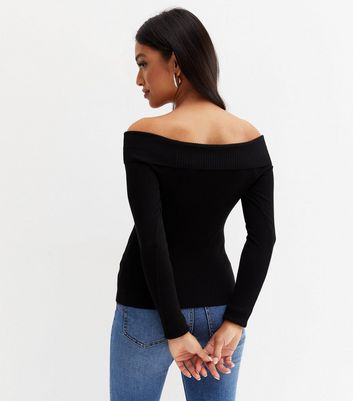 Petite Black Bardot Long Sleeve Jumper New Look