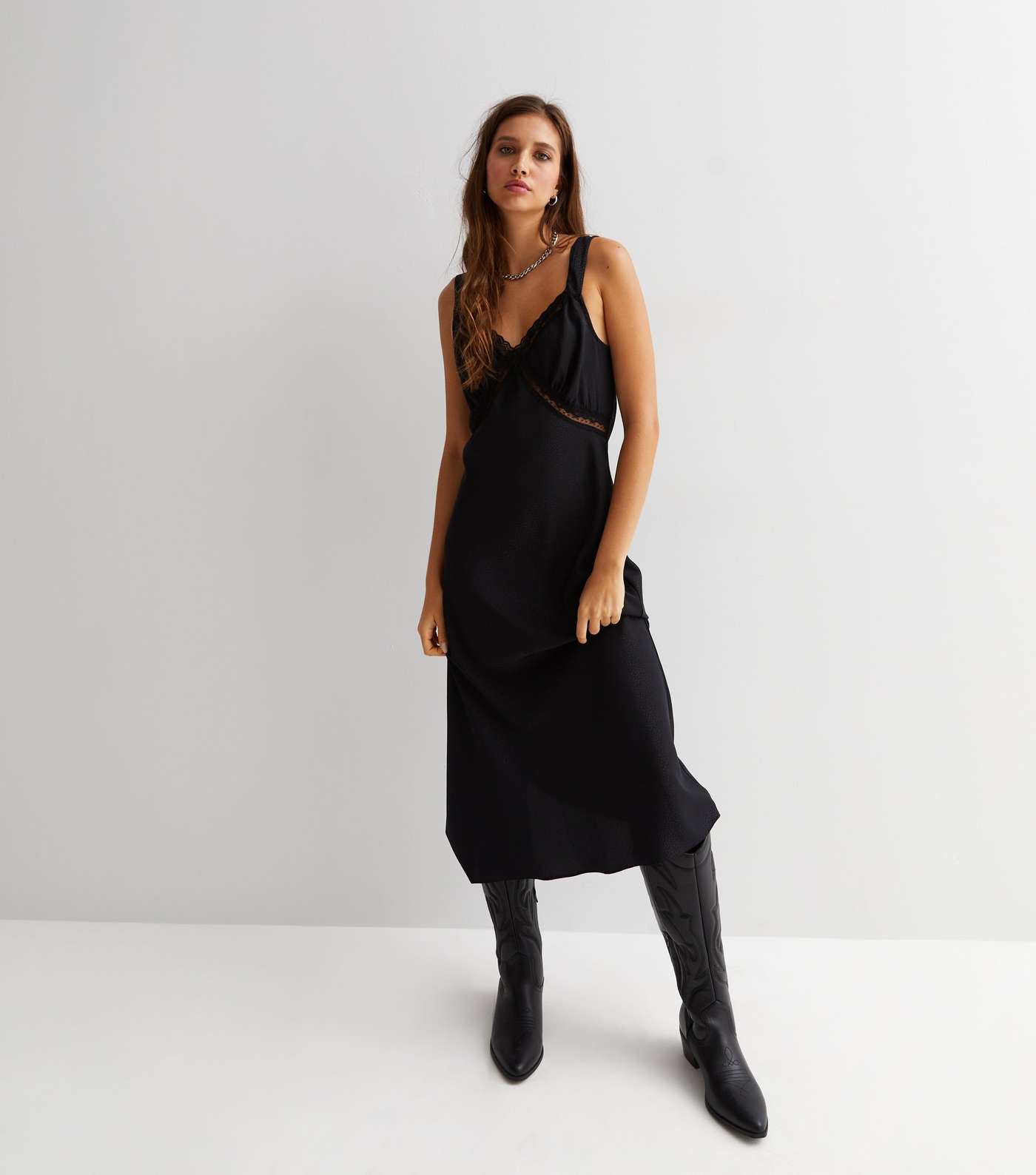 Black Animal Jacquard Satin Lace Trim Midi Slip Dress