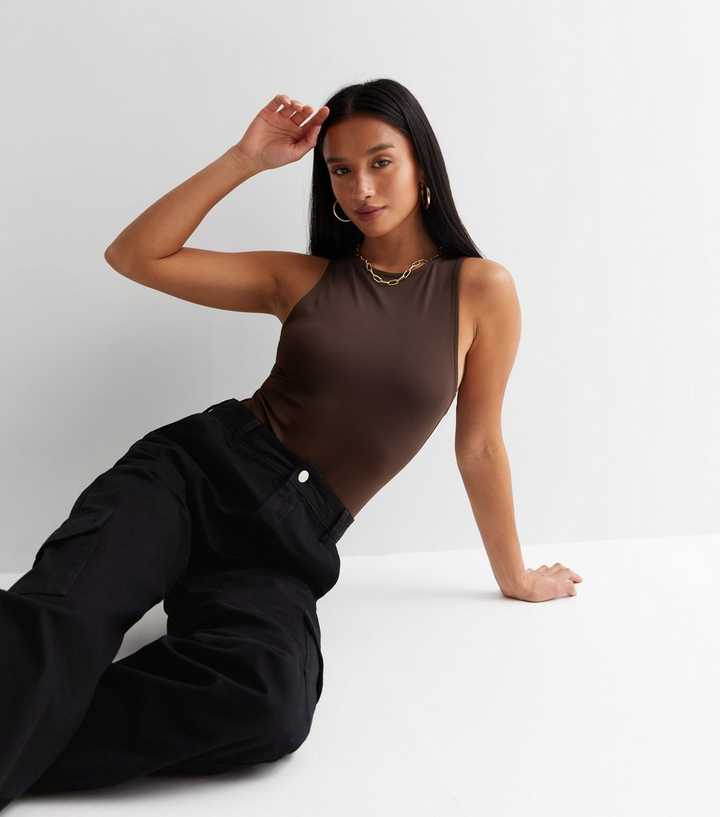 ASOS DESIGN racer tank top satin stretch bodysuit in dark brown - ShopStyle