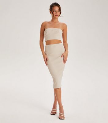 Urban Bliss Off White Ribbed Midi Bodycon Skirt