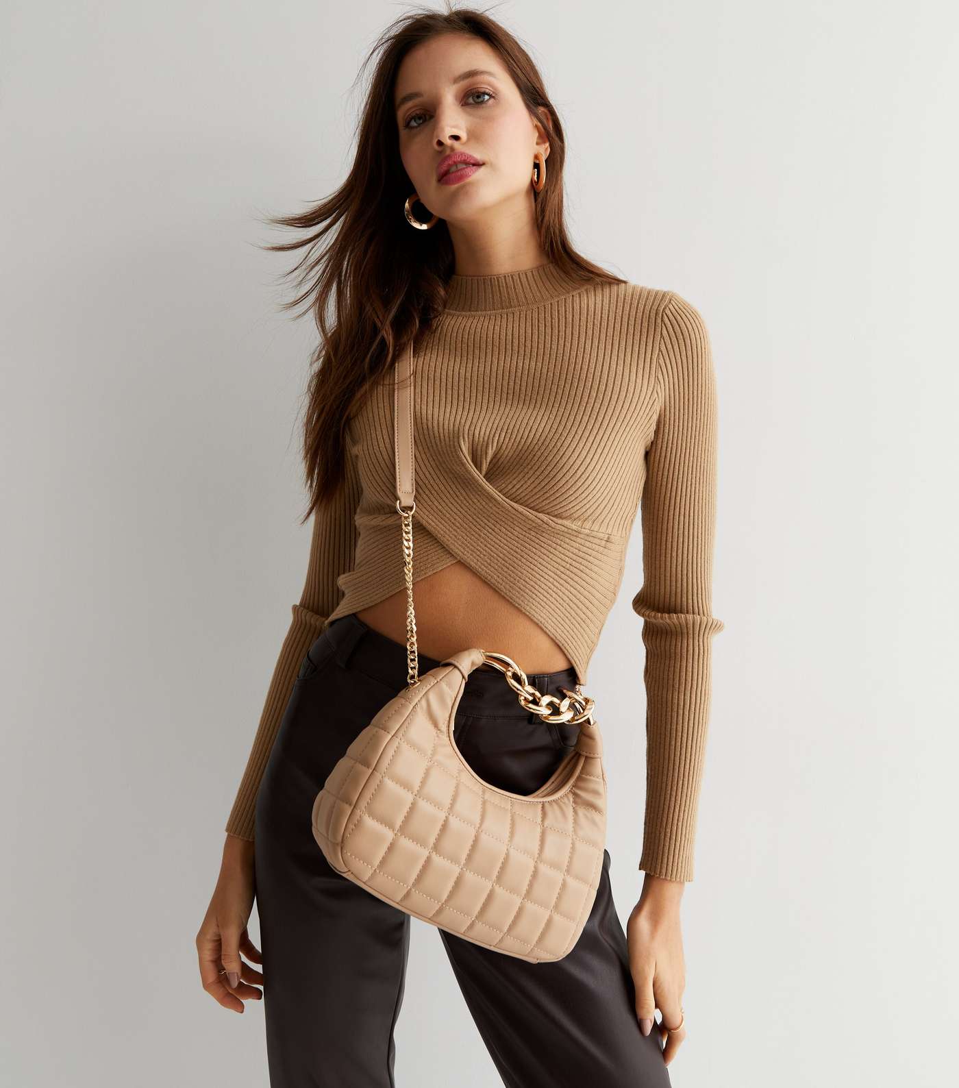 Camel Quilted Chain Strap Cross Body Bag Image 2