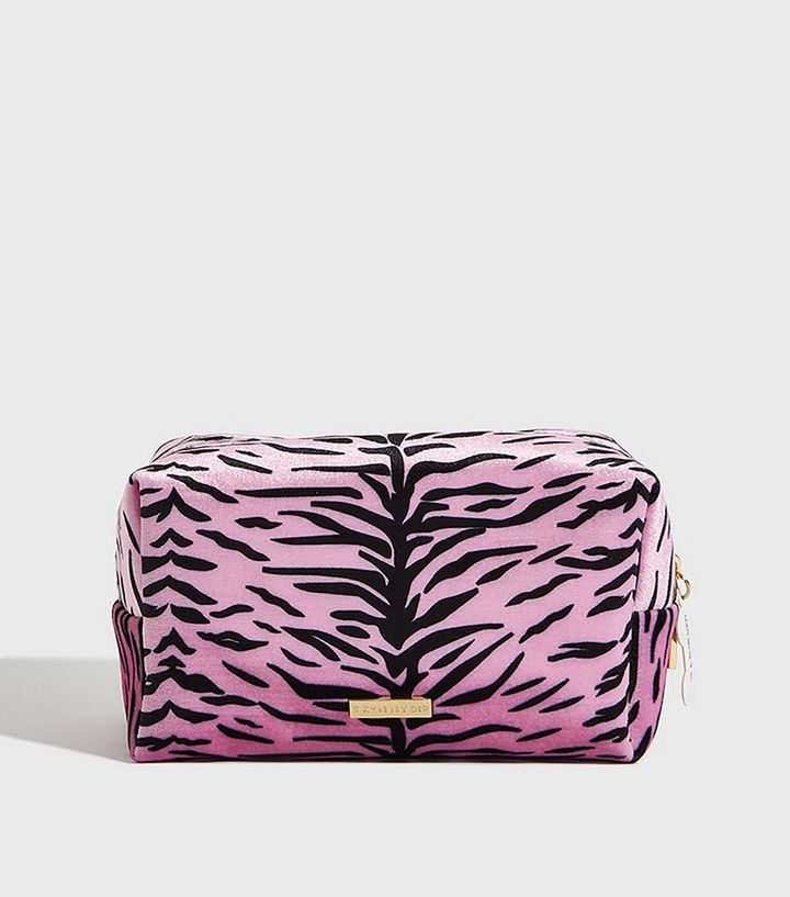 Skinnydip Purple Tiger Print Velvet Flintstones Logo Makeup Bag | New Look