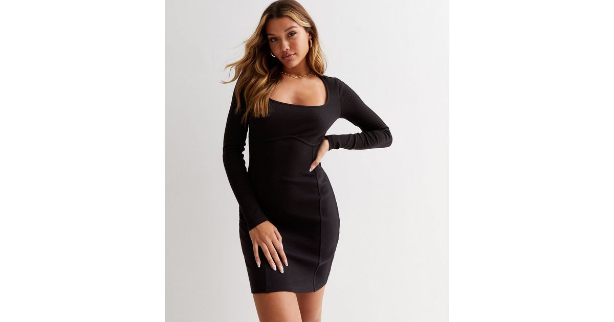 Black Ribbed Jersey Square Neck Long Sleeve Corset Mini Dress | New Look
