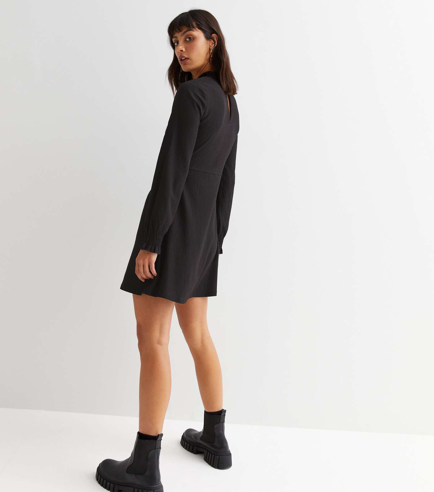 Black Crinkle Jersey High Neck Long Sleeve Mini Dress Image 4