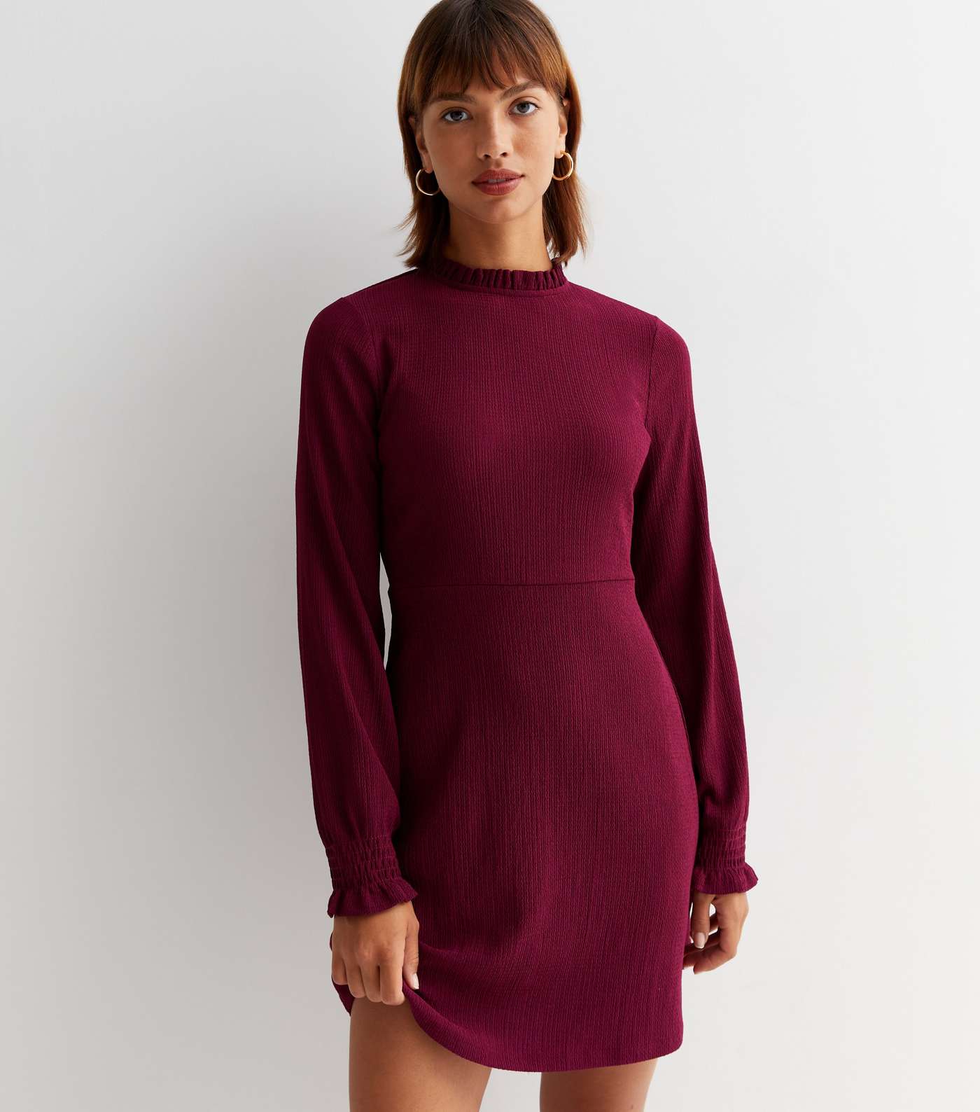 Burgundy Crinkle Jersey High Neck Long Sleeve Mini Dress