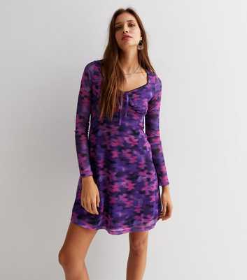 Purple Abstract Floral Mesh Long Sleeve Lace Trim Mini Dress