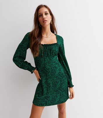 Green Leopard Print Crinkle Long Sleeve Milkmaid Mini Dress