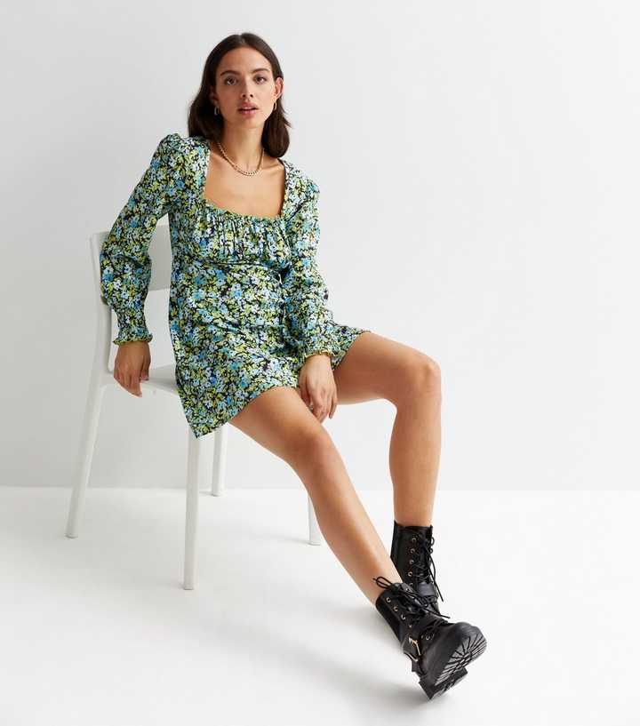 Blue Floral Crinkle Long Sleeve Milkmaid Mini Dress
