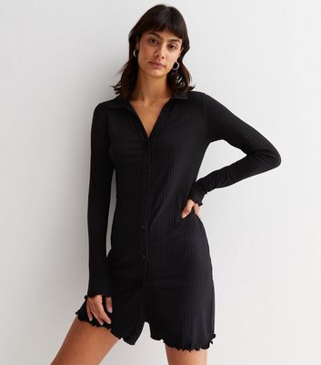 Black Ribbed Jersey Long Sleeve Frill Mini Shirt Dress