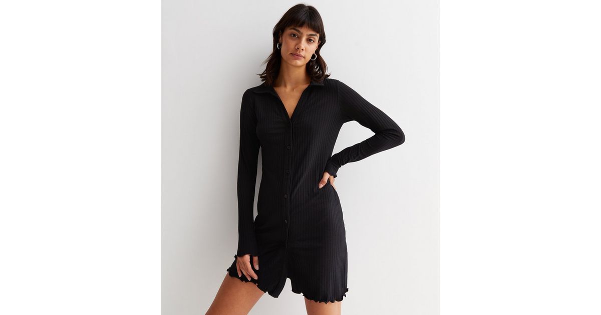 Black Ribbed Jersey Long Sleeve Frill Mini Shirt Dress | New Look